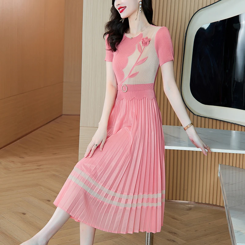 Ele プリーツスカート Dr カラー ブロ スリムフィット エラスティックウエスト 花柄装飾 夏新作 Sle ファッションデザイン 中国ブランド