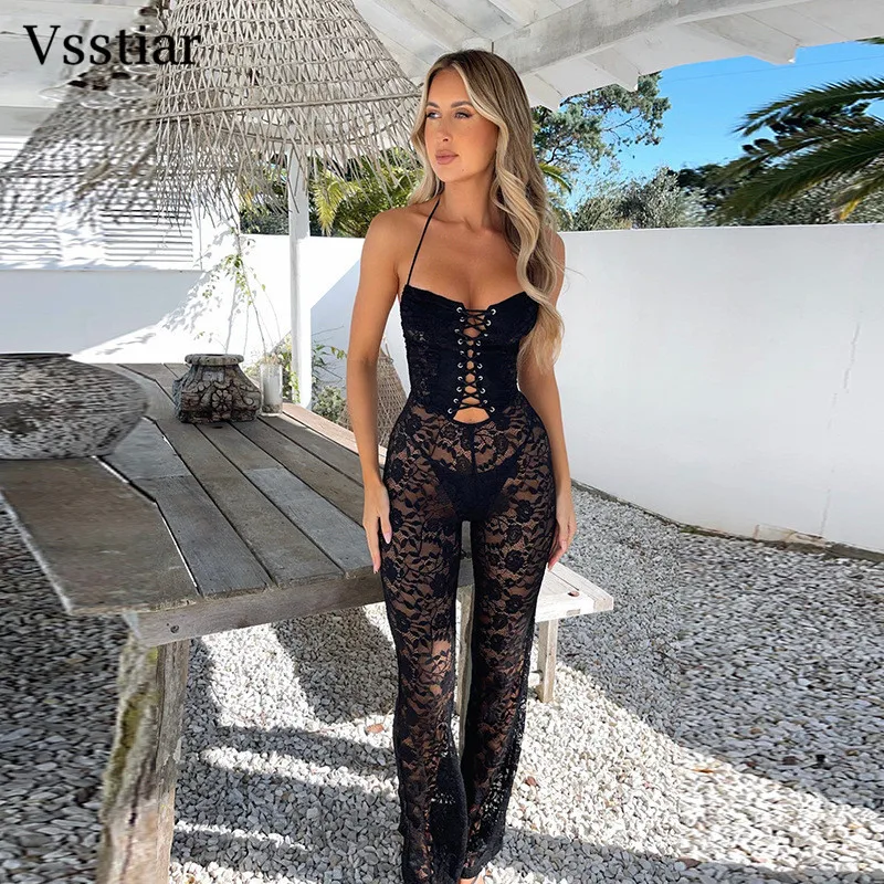 

Vsstiar Sexy Sleeveless Backless Jumpsuits For Women Black Hollow Out Lace Patchwork Rompers Summer Nightclub Party Overalls