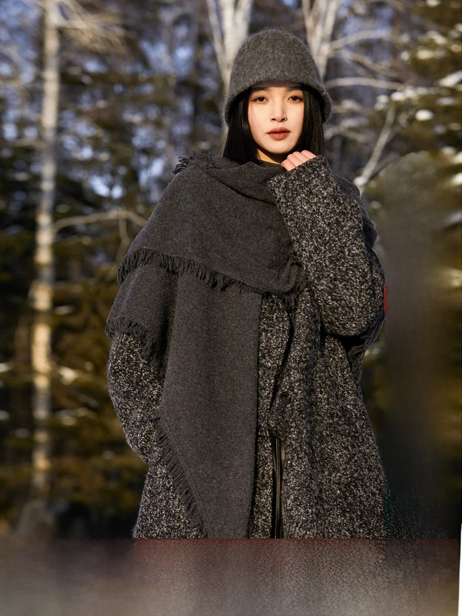 

Bla Truffle Medium Length Woolen Coat Women's New Sle Long Sve OL Sle Straight Cut Faion Element Fringe oulder Wrap
