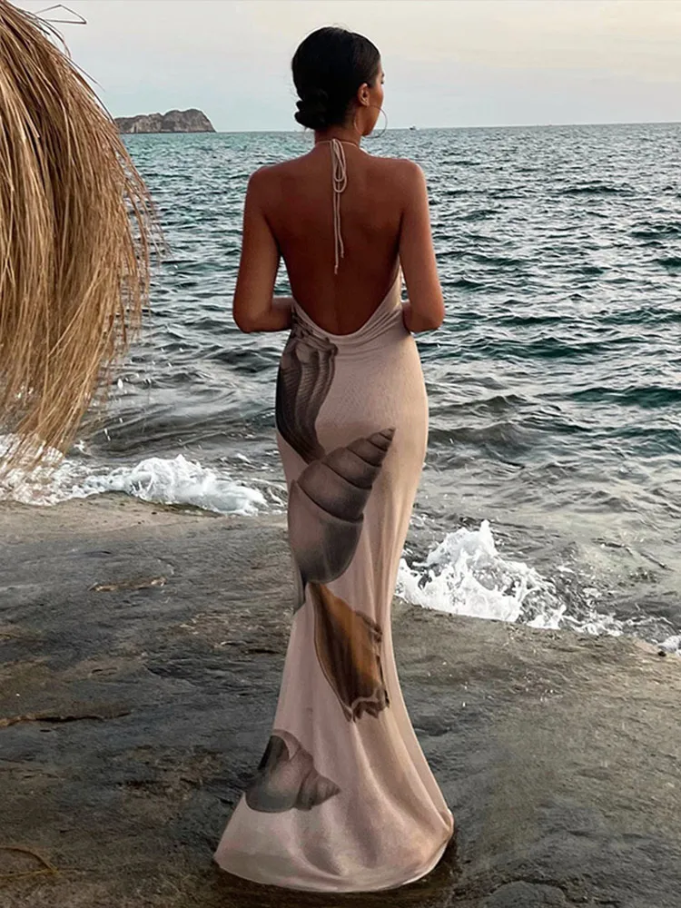 Print Backless Halter Maxi Dress Women Sexy Lace Up Sleeveless Off The Shoulder High Waist Dresses 2025 Lady Vacation Beach Robe