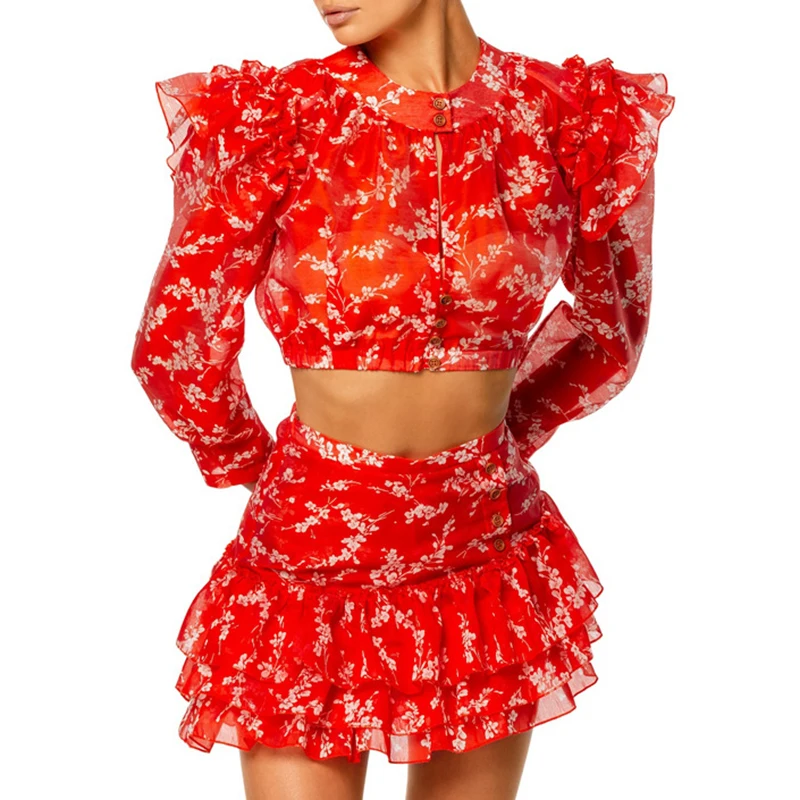 2026 Casual Long Sleeve Slim 2 Pice Suits Fashion O-Neck Crop Top & Mini Skirt Set Women Elegant Printed Chiffon Party Outfits