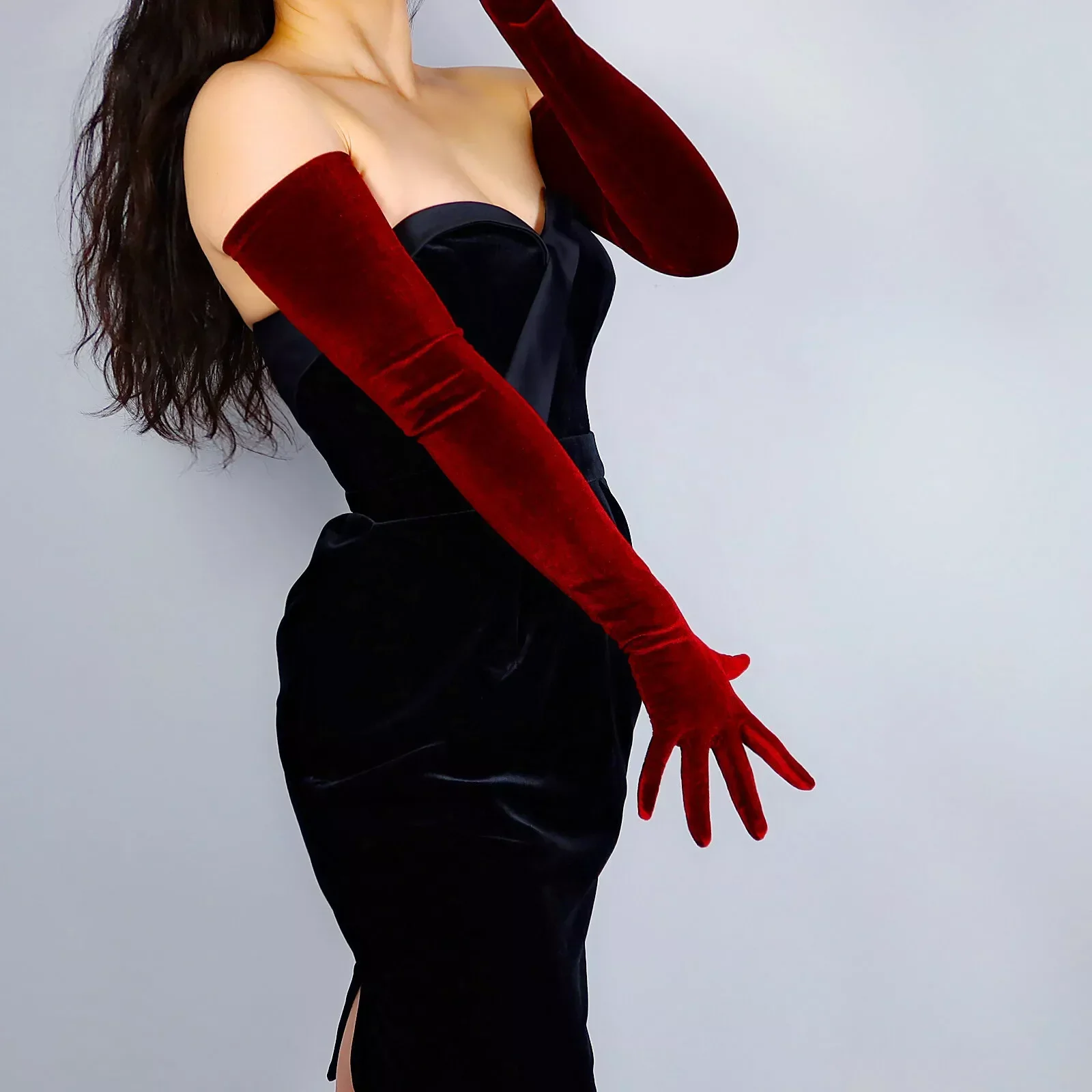 Burgundy Super Long Velvet Gloves Women 70cm Shoulder Length Stretchy Vintage 1920 Opera Tea Party Costume Adult Fashion Evening