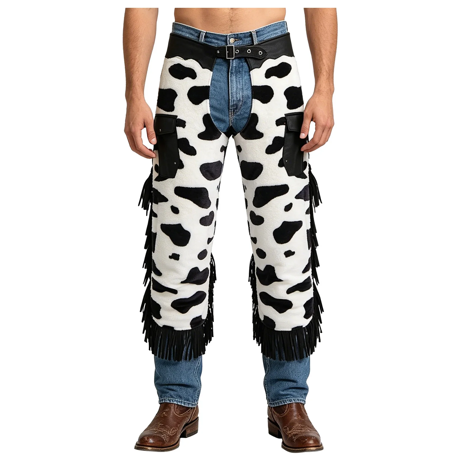 Men Western Cowboy Fringed Chaps Pants Cow-spot Pattern Flannel Side Tassel Color Block Trousers Bottoms Vintage Party Wear