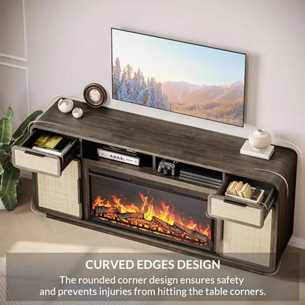 Boho 68" TV Stand Entertainment Center w/ 36" Electric Fireplace Heater Rattan Console Table Flame Effect Ample Storage Modern