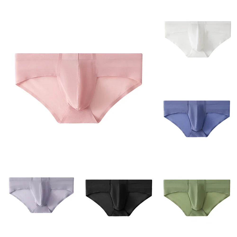 Mens Sexy Low Waist  Solid Bulge Briefs Underwear Ice Silk Convex Pouch Underpants Skin Friendly Soft Sleepwear Knickers