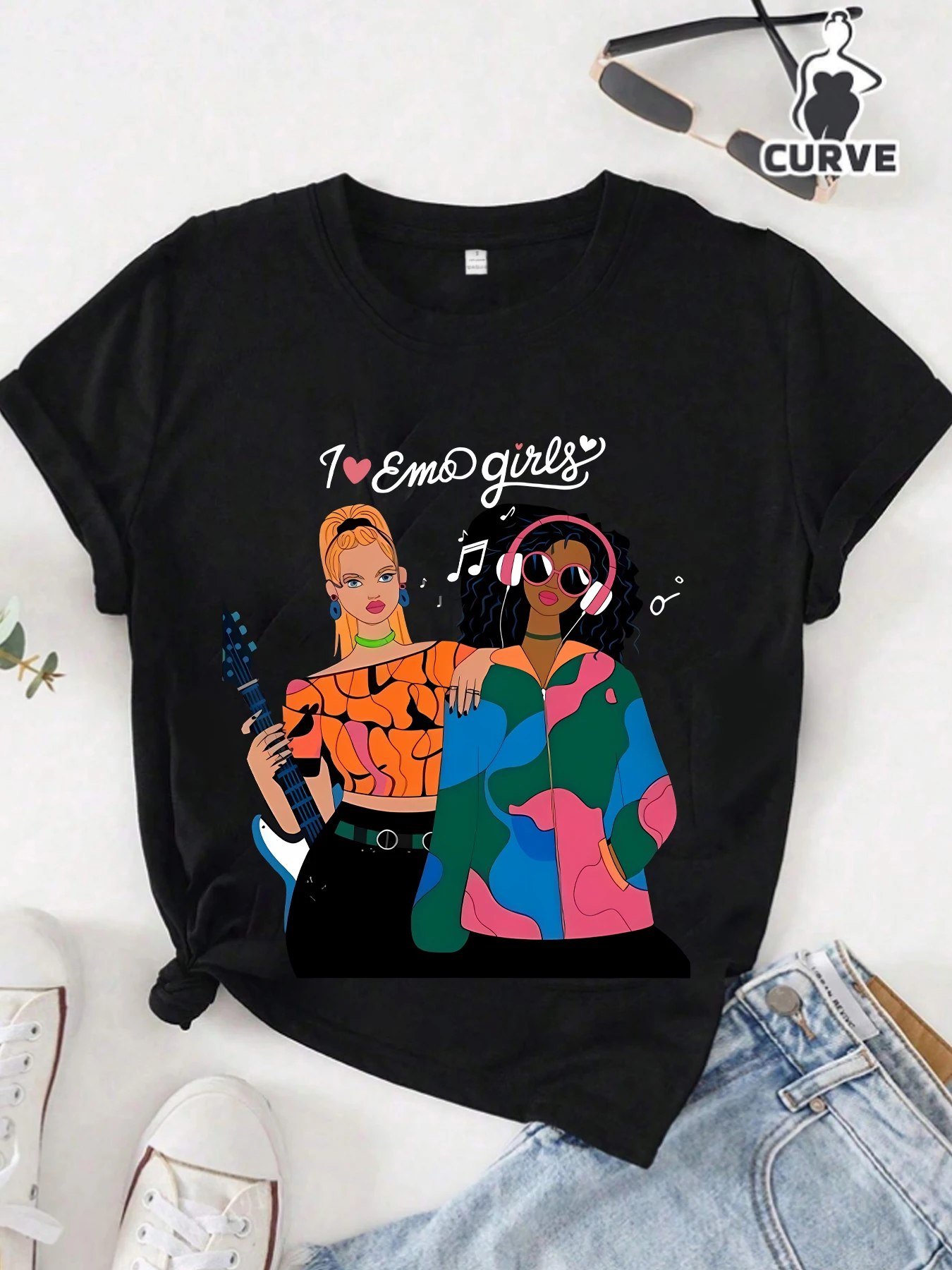 

Two-person guitar pattern round neck plus size women T-shirt short sleeve trend printing elastic half sleeve T-shirt