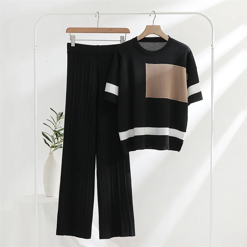 Short Sleeve Loungewear Women Two Piece Set Summer Knit Tracksuit Woman Knitted Pants Suit 2 Piece Matching Sets For Women 2023