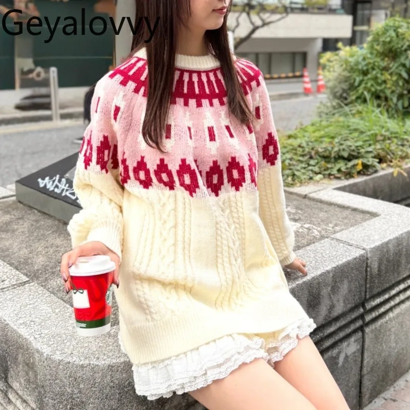 

Autumn Winter New Retro Style Loose Round Neck Long Sleeve Pullover Cute Sweet Girls Inner Wear Knitted Sweater for Women