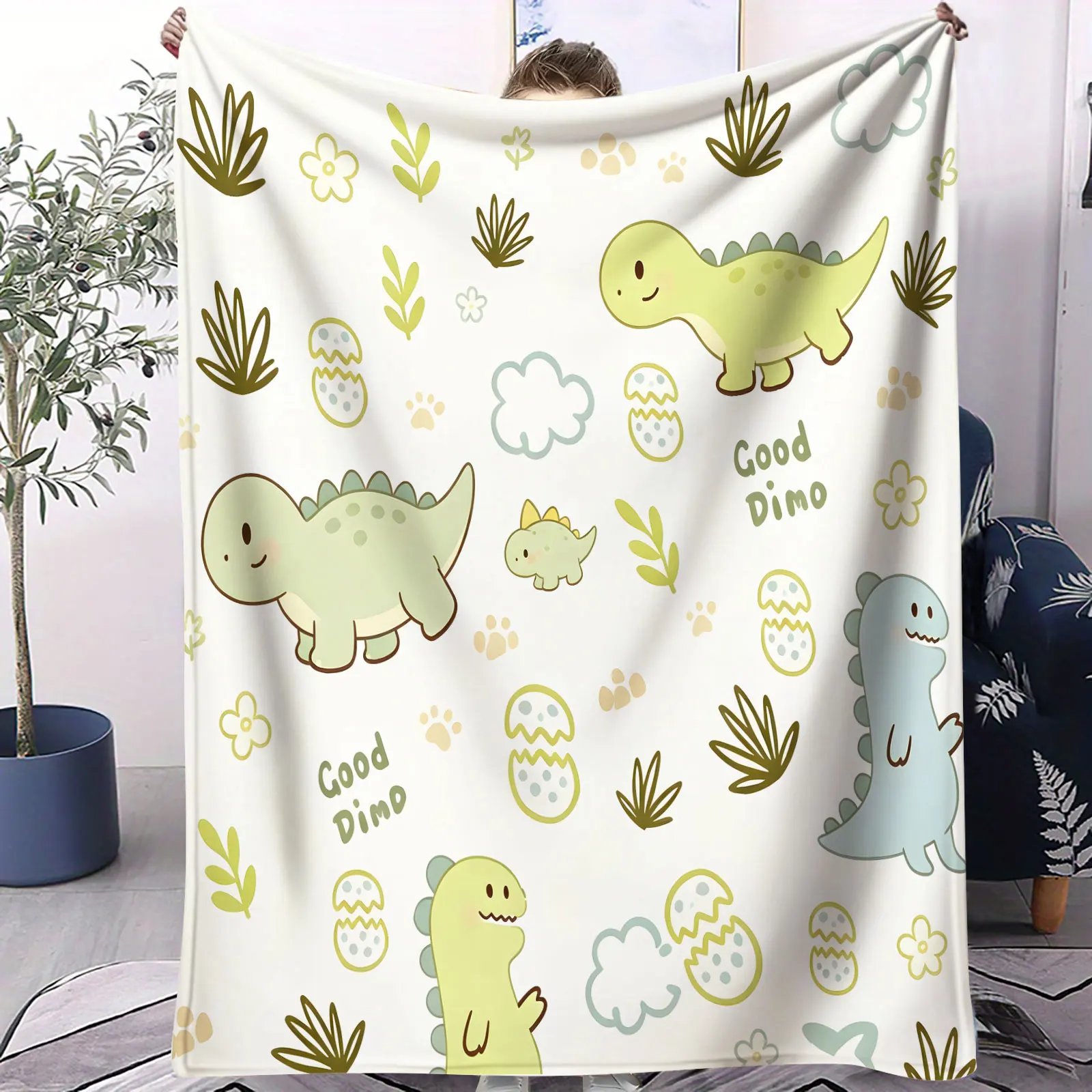 Cute Dinosaur Flannel Throw Blanket Good Dino Cartoon Dinosaur Egg Plant Print Soft Lightweight Microfiber Fleece Sofa Blanket