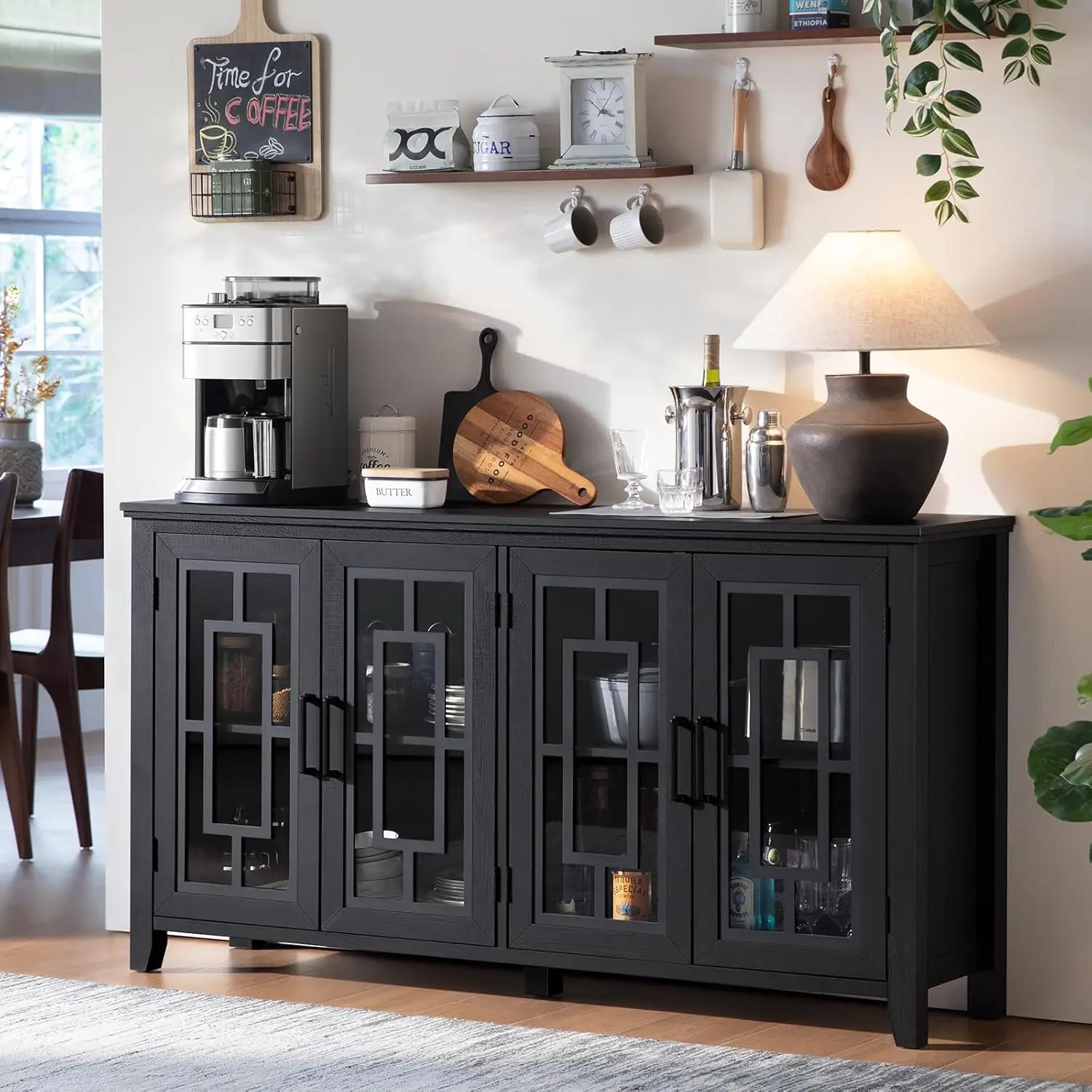 

Large Sideboard Buffet Cabinet With Storage, 63"" Farmhouse Black Kitchen Coffee Wine Bar Cabinet With 4 Glass Doors, Wood Mid