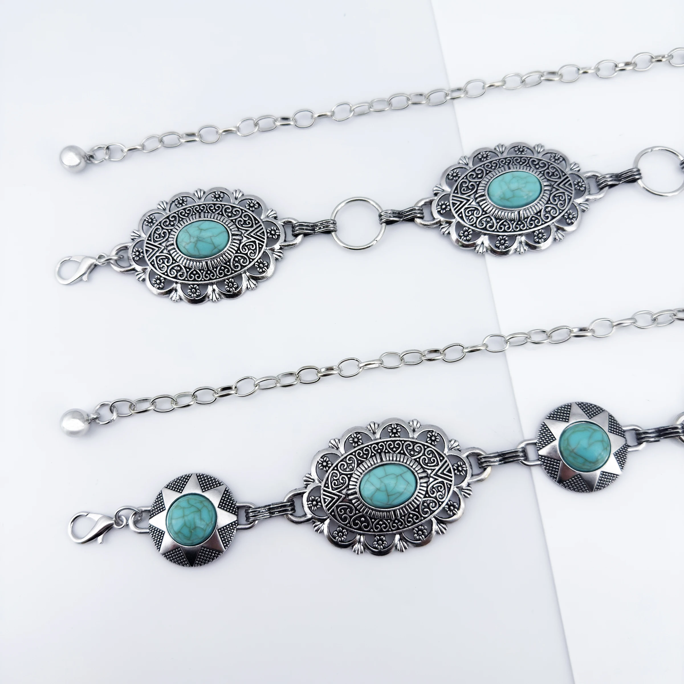 Western Vintage Ethnic Style Hollow Out Oval Inlaid Turquoise Luxury Women's Metal Belt Skirt Matching High-End Sense of Fashion