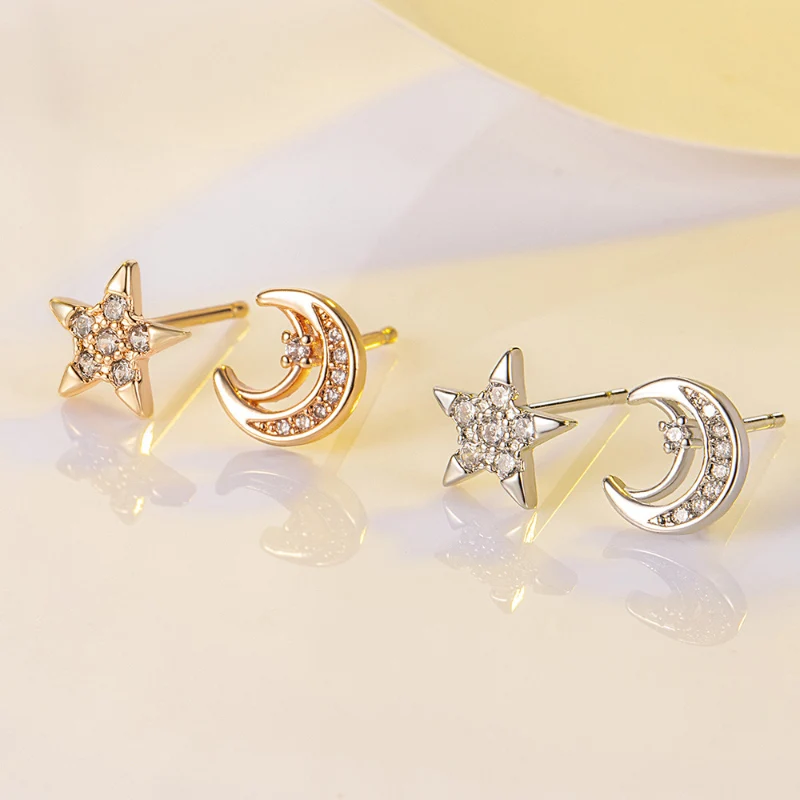 Micro Inlaid Zircon Stars Moon Earrings Compact and Versatile 925 Silver Earrings Exquisite Cute Ear Stud Gifts for Girl KOFSAC
