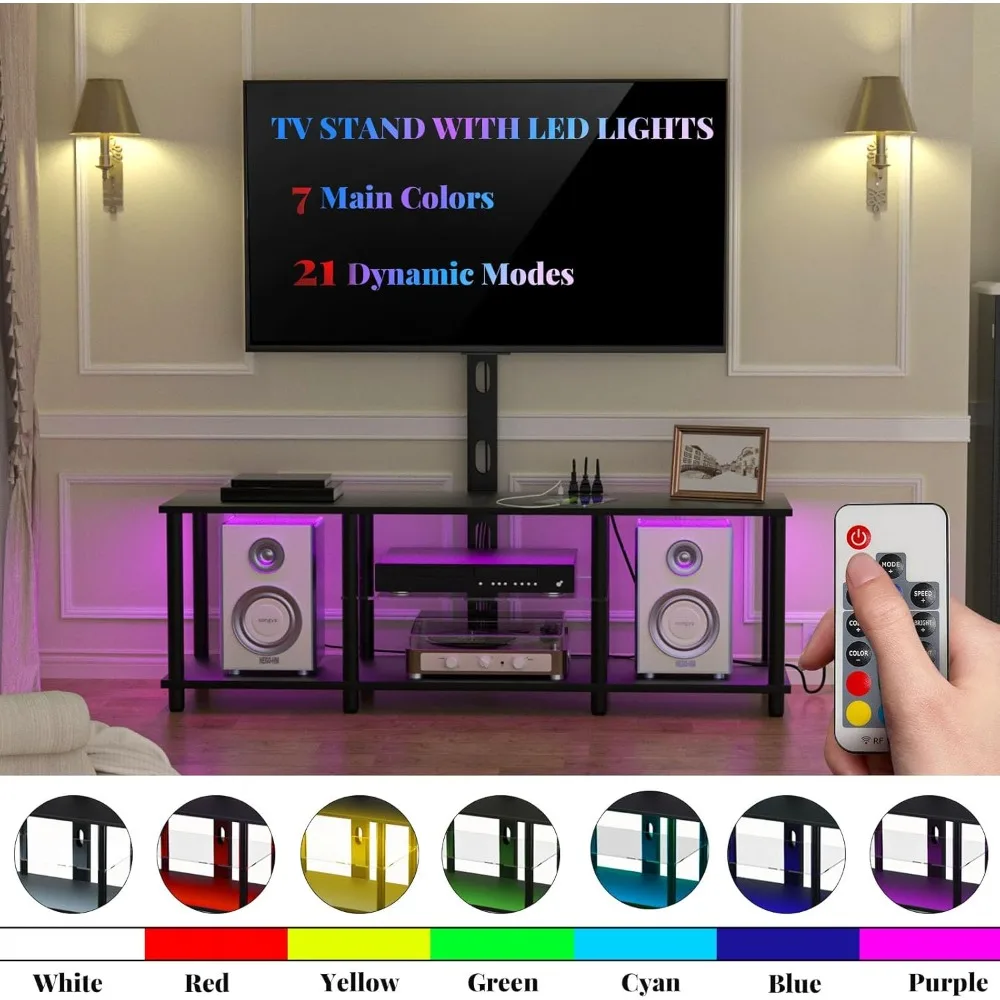 Centro de entretenimento preto com luzes LED e tomadas de energia para TVs de 32 a 70 polegadas