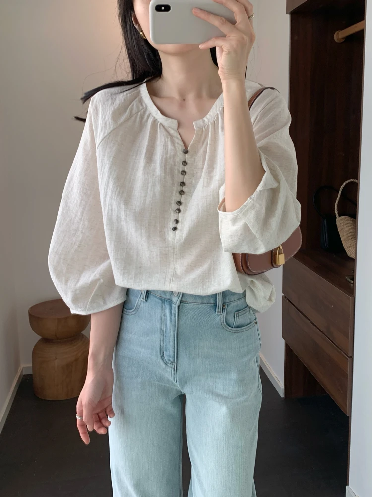 

Casual Loose Fit Linen Blend irt Pleated Textured Lantern Sve Breathable Simple Sle Summer irt Women's Faion
