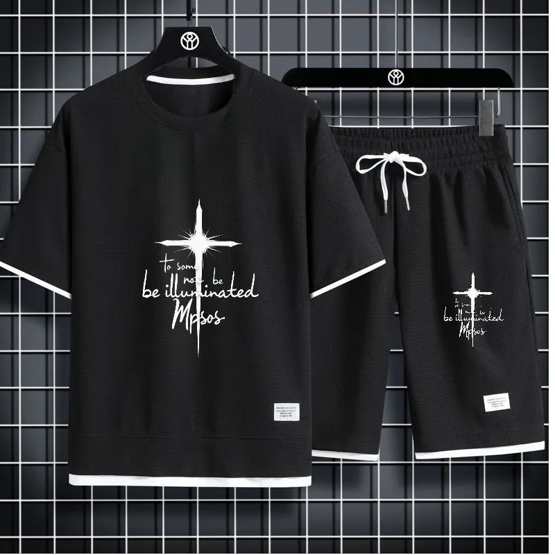 

men's suits Fashion Waffle print Men sets Thin Leisure Set Trendy Outfit Lightweight Breathable Fabric Sports T-shirt two-pieces