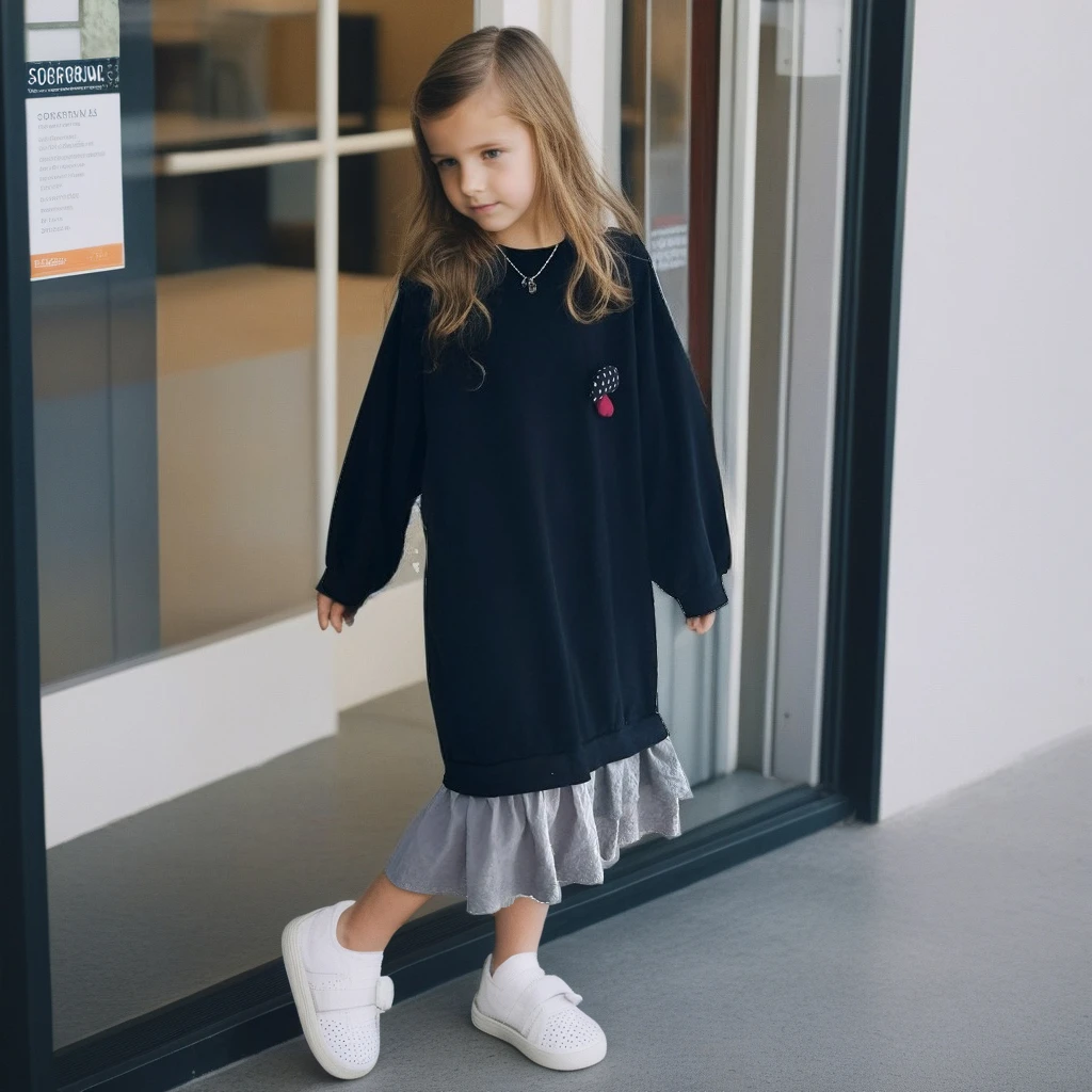 

Girls Autumn Dress Long Sleeve Causal Dress Ruffle Patchwork False 2pcs Design A-Line Layered Dresses for Teens Age 4 -14 Black