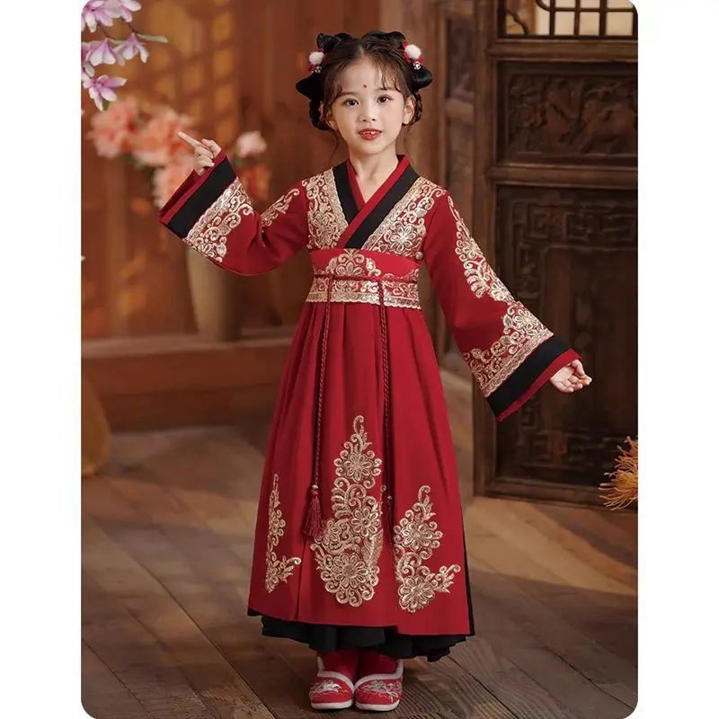 Red antique festive long sleeve Tang costume girl Chinese style costume suit dress