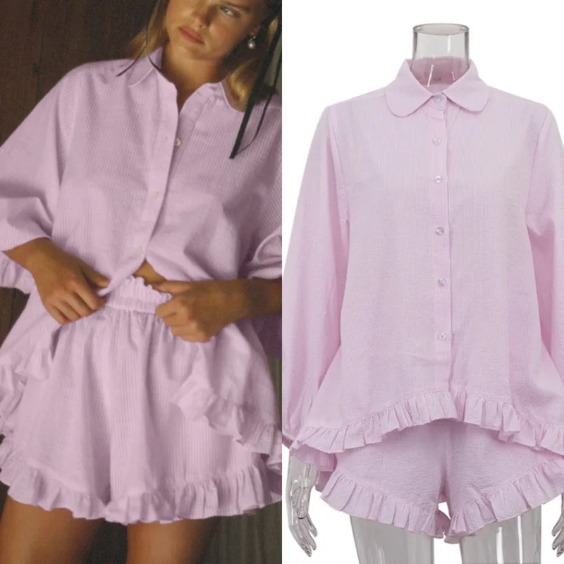 

Fashion Notched Collar Striped Long Sleeve Shirt Chic Puff Sleeve Ruffled Blouse New Summer Loose Casual Shorts Two-Piece Set