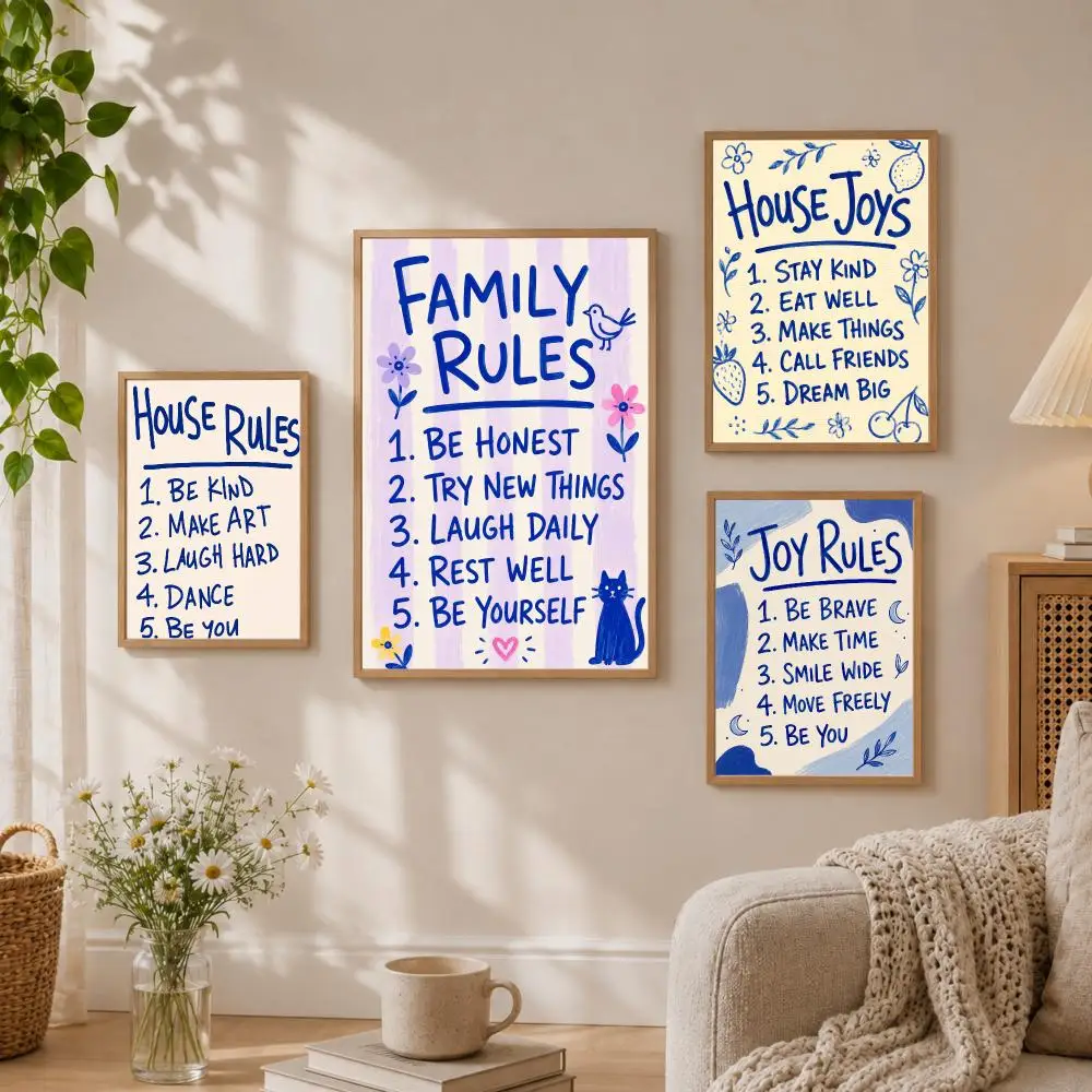 House Rules Positive Poster Stickers HD Painting Self-Adhesive Art for Bedroom Living Room Home Decor Wall Decals Gift