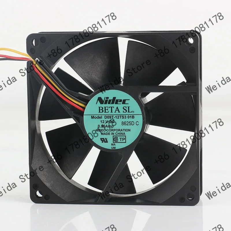 Nidec 9025 9CM D09T-12TS3 01B 90X90X25MM 12V three-wire 0.55A double-ball bearing case cooling fan