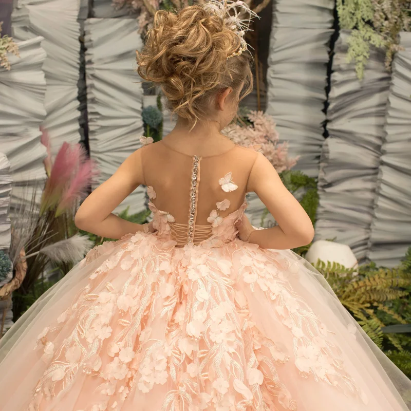 Light Champagne Flower Girl Dress Tulle With 3D Flowers And Butterfly Sleeveless For Wedding Birthday Banquet Princess Gowns