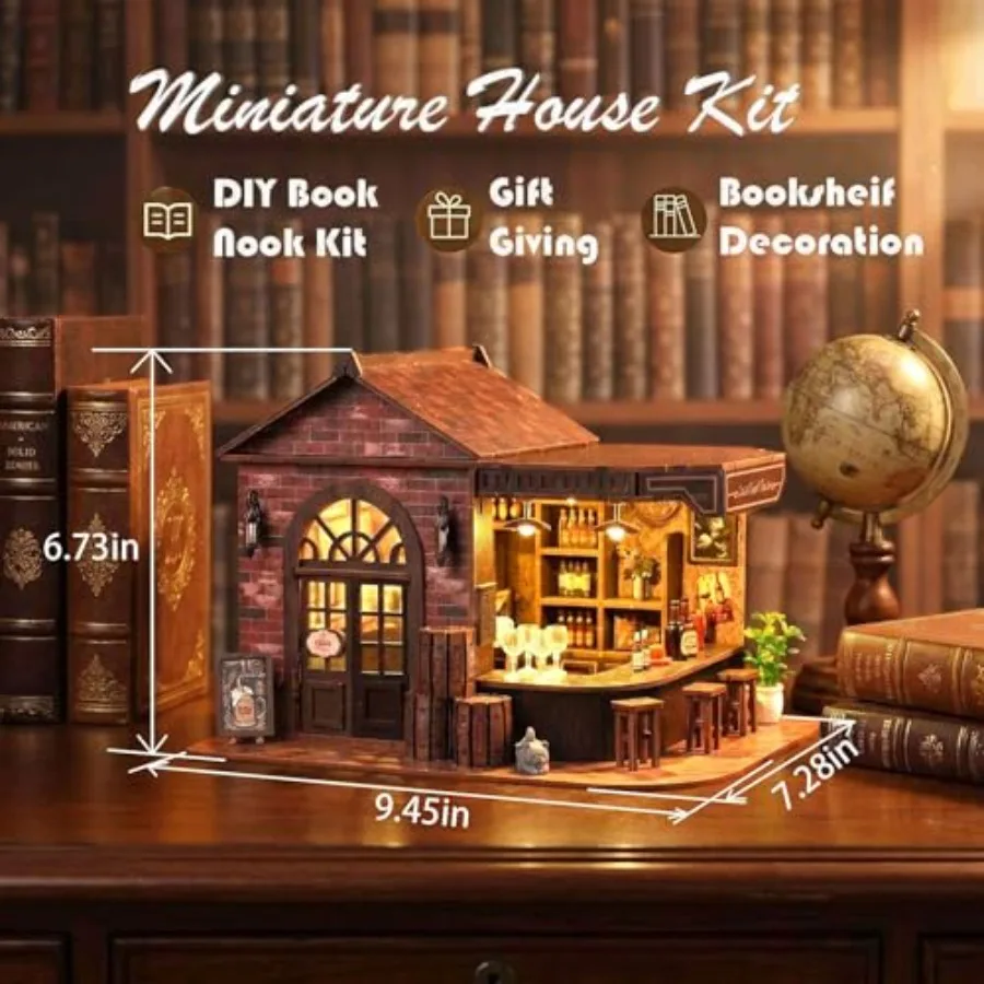 Book Nook Kit, 3D Wooden Miniature Tavern and Pub Dollhouse with LED Lights - DIY Mini House Craft Model for Adults, Birthday V view 4