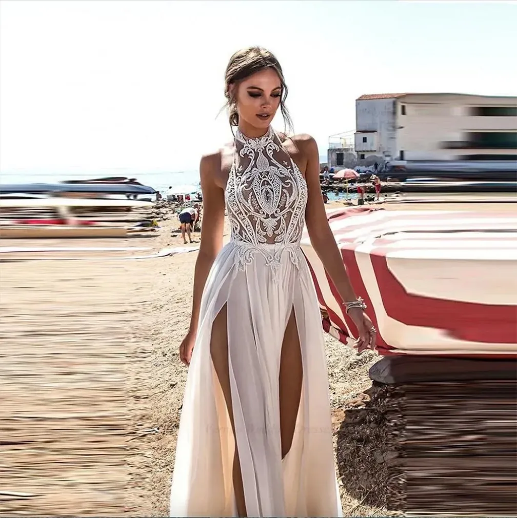 

Летние пляжные свадебные платья Boho Bride Gowns Сексуальный высокий боковой разрез Холтер Кружевной топ Шифоновая юбка Длинное свадебное платье с открытой спиной