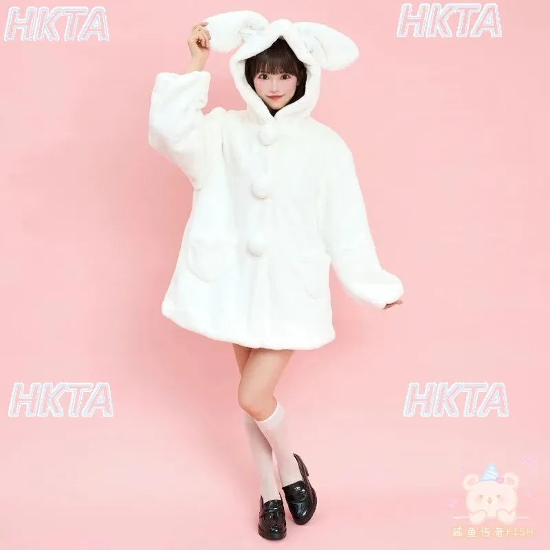 Japońska Zimowa Nowa Ciepła Kawaii Urocza Kreskówkowa Puszysta Produkcja Masowa Lolita Futrzana Kurtka Dziewczęca Słodka Luźna Codzienna Futrzana Narzutka Damska