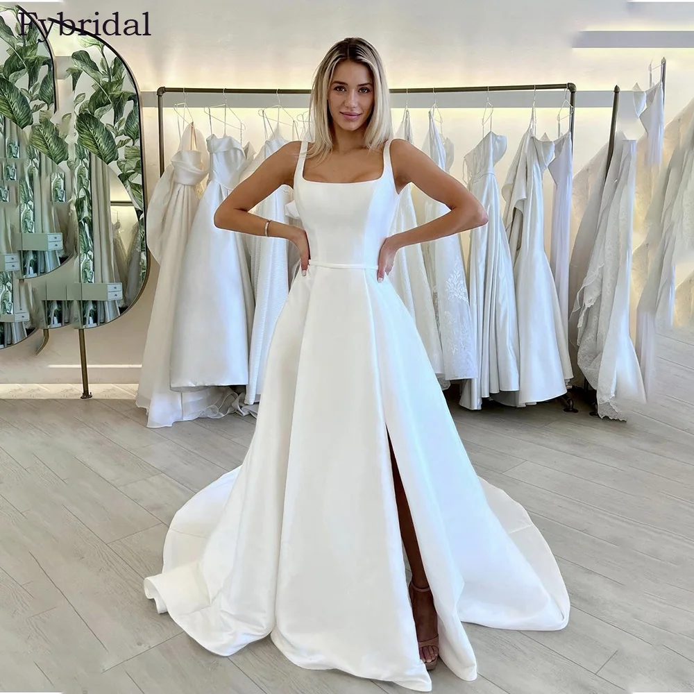 Simples uma linha vestido de casamento cintas de espaguete gola quadrada cetim sem costas fenda lateral vestidos de noiva novia feito sob encomenda