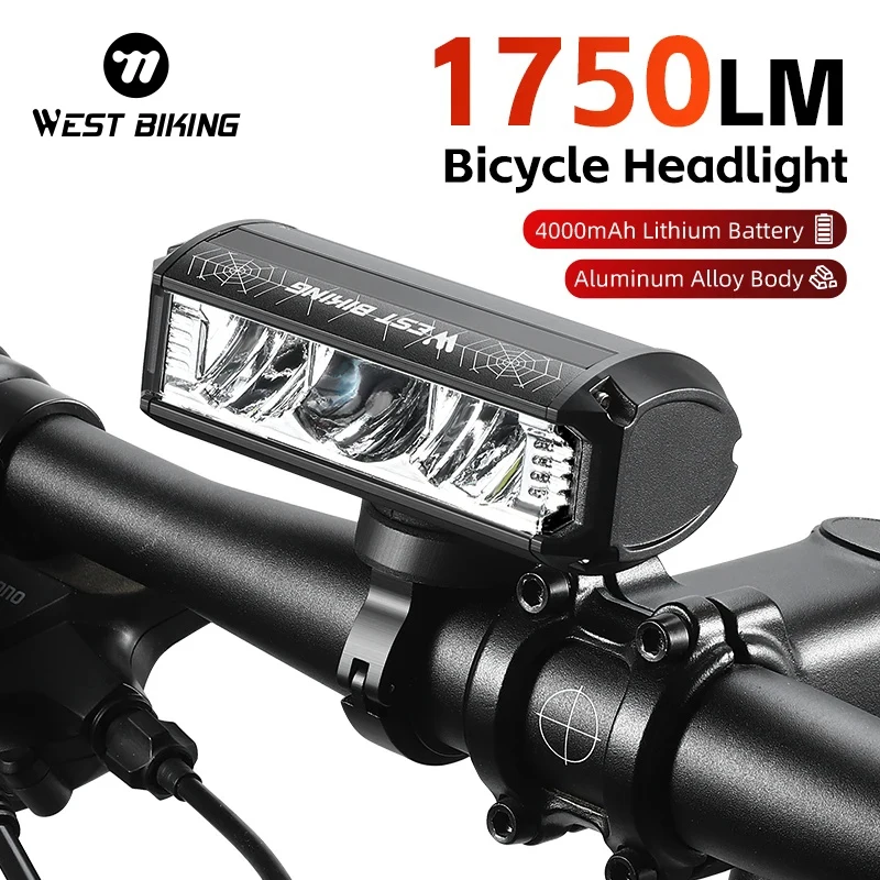 WEST BIKING Bicycle Headlight 1750 Lumen Bike Light 3 LED Wide Angle Headlight Type-C Charging Waterproof Light Bike Accessories