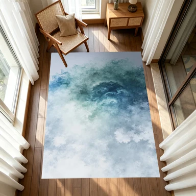 Teal Green Watercolor Smoke Carpet Floor Soft Gradient Ink Abstract Non-Slip Rug Suitable for Bedroom Home Decoration