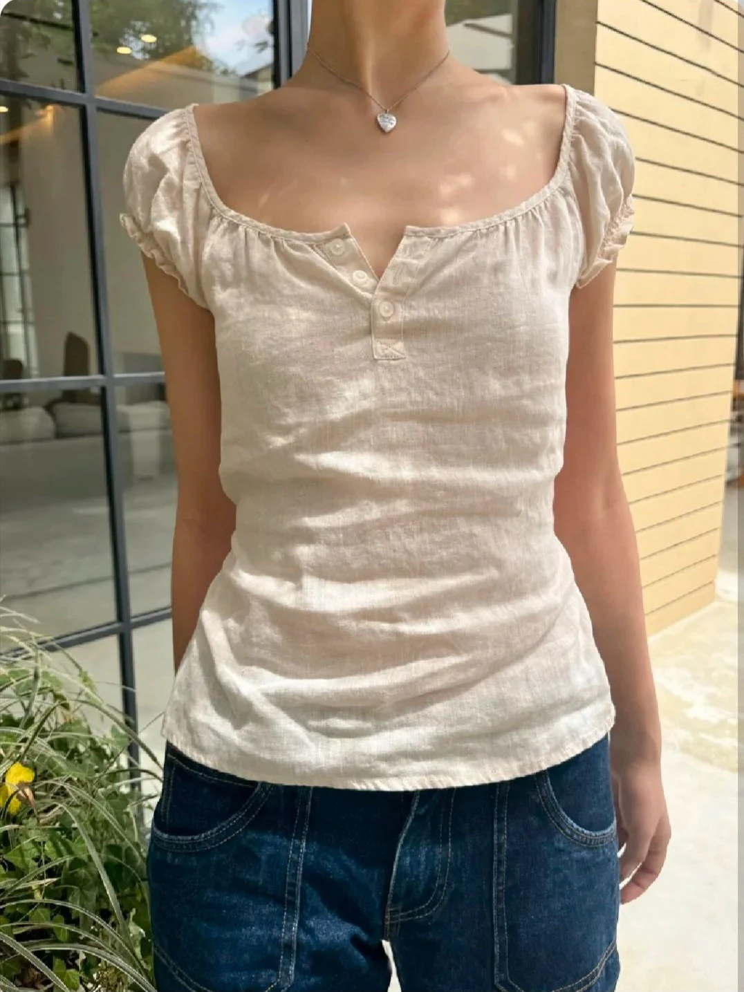 Back Lace-up Sweet Slim T-Shirt Women Summer Three Buttons Ruffles Puff Sleeve Linen Tee Blouse Casual Vintage Cute Tshirt Y2k