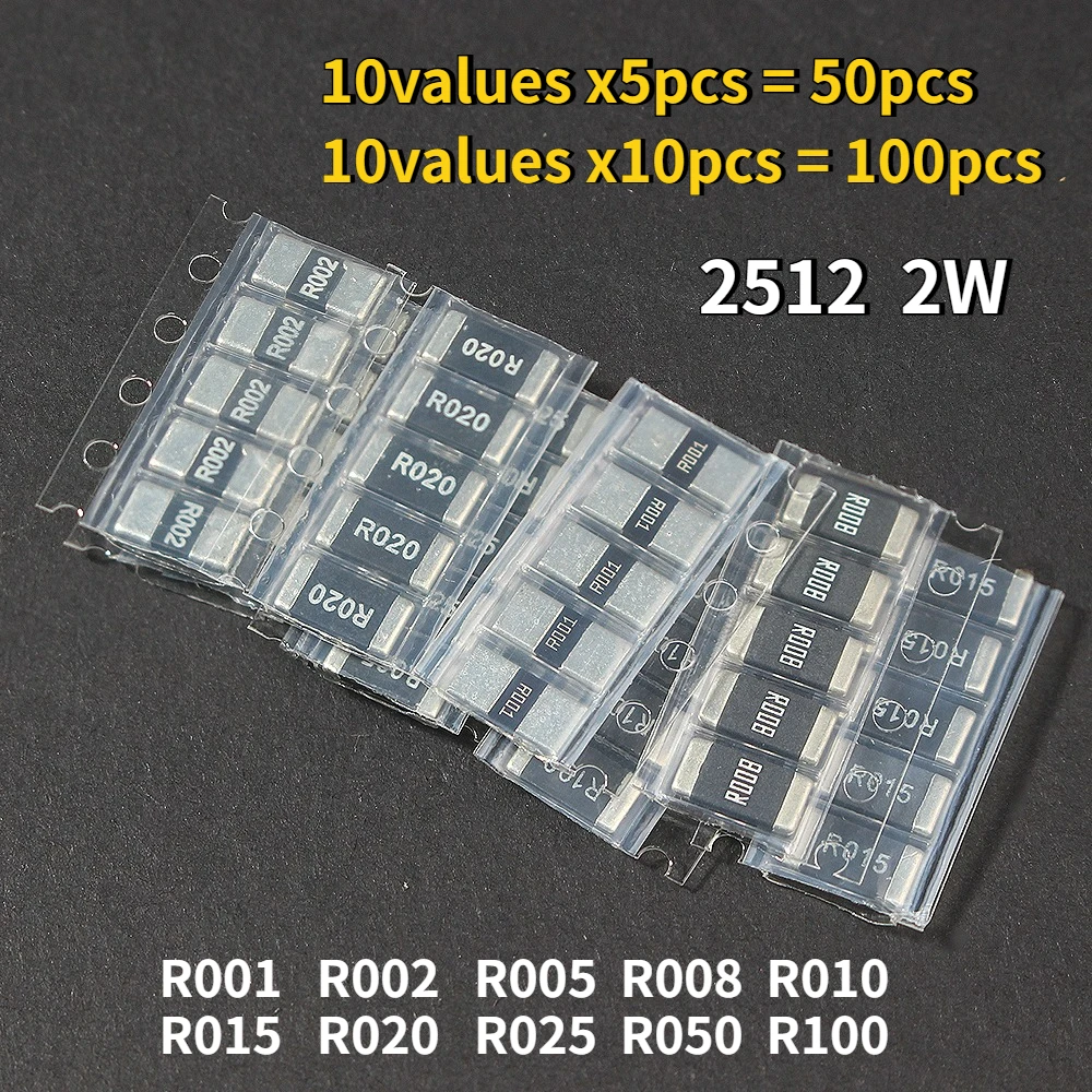 50/100PCS 2512 SMD Resistor Kit 2W 1% Precision Alloy Resistance Samples Kit R001 R002 R005 R008 R010 R015 R020 R025 R050 R100