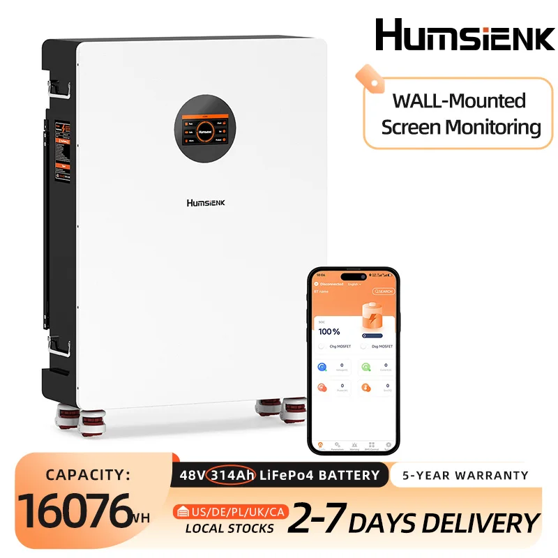 

Аккумулятор Humsienk 48V 300Ah (314Ah) LiFePO4, перезаряжаемый литиевый аккумулятор для настенного монтажа, 16 кВт·ч, со встроенной BMS на 200А, для солнечных систем