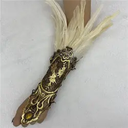 Creative Witch Halloween Feather Gloves Embroidery Retro Women Feather Lace Glove Dark Gothic Halloween Feather Cuffs Carnival