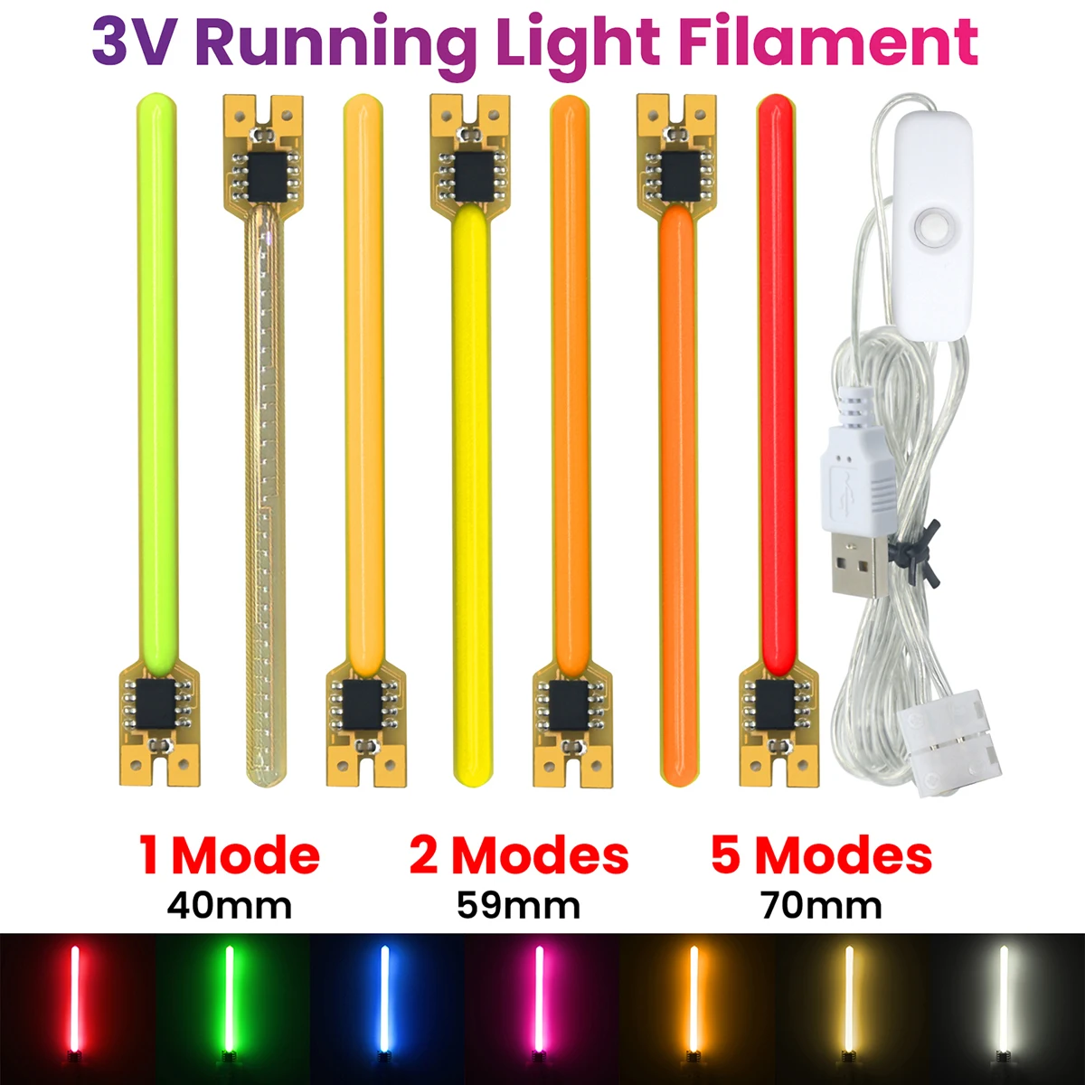 3V USB Button Flowing Water COB LED Filament White Green Red Blue Pink 40/59/70mm 5 Modes LED Meteor Shower Room Lighting Decor