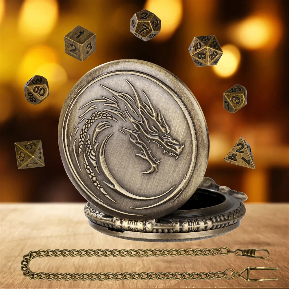 Vintage Steampunk Dragon Metal Pocket Watch Case Dice Sets with Pocket Chain 7pcs Mini Dices Retro Gift for Game Role Playing