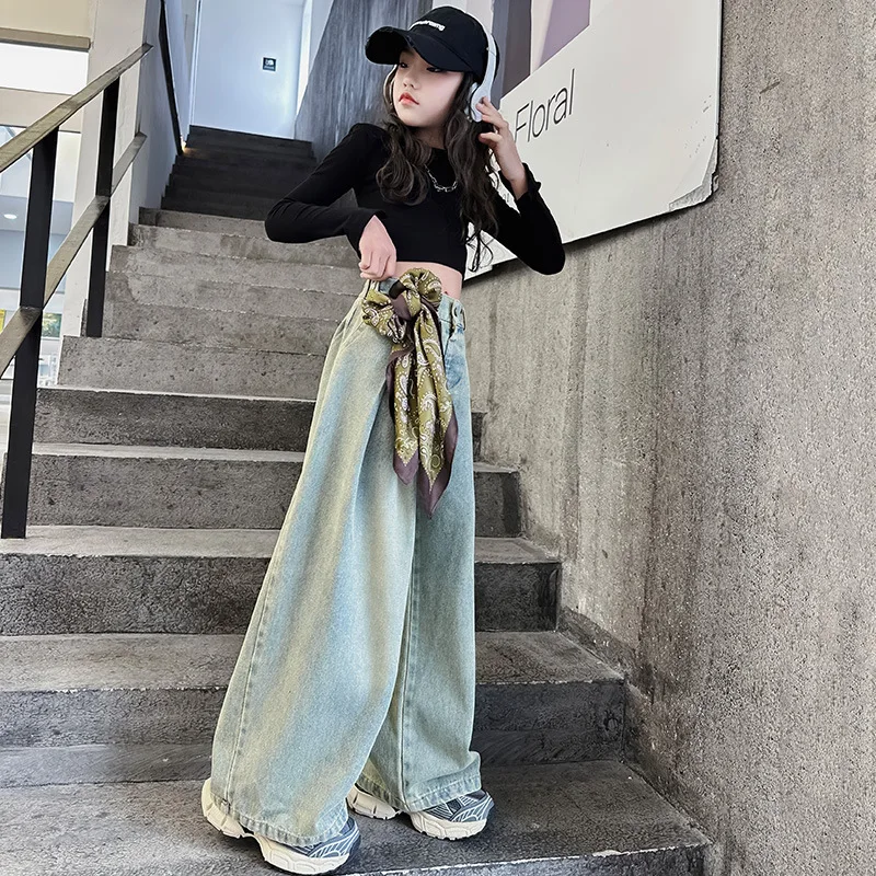 Girls\' pants Spring and Autumn 2024 new children\'s westernized street wide leg pants Korean version versatile long pants trend