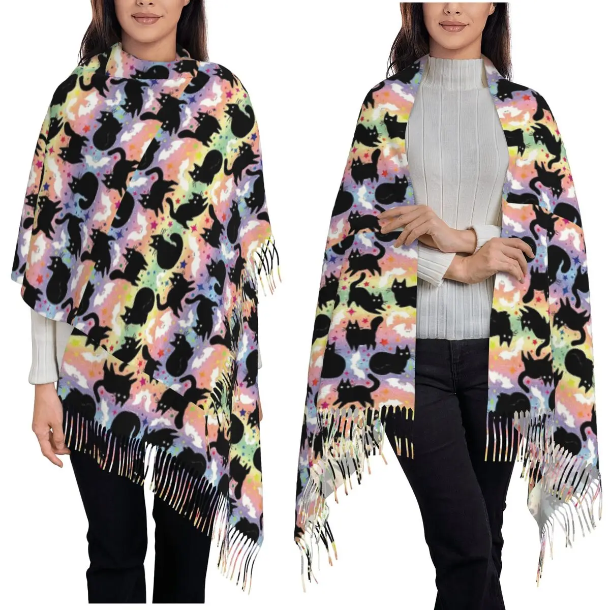 Rainbow Halloween With Black Cat Scarf Tassel Scarves Women Soft Warm Shawls and Wraps Long Fall Winter Shawl Wrap
