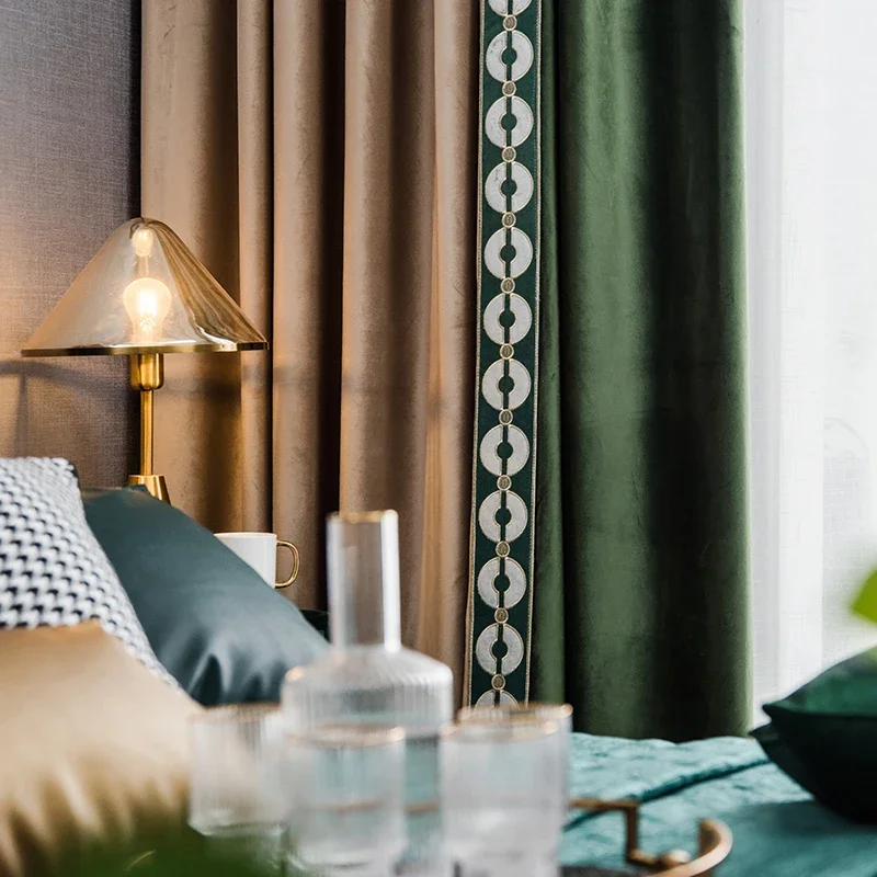 New Chinese Style Jade Lace Stitching Curtains for Living Room Bedroom Customized Flannel Blackout  Floor Floating High-grade