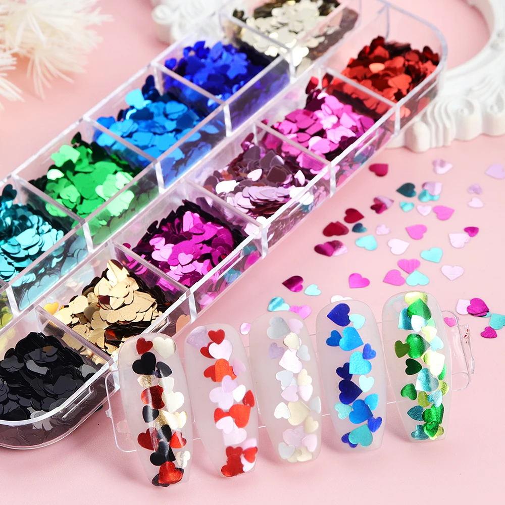 Valentines Day Love Heart Sequins Colorful 3D Nail Charms Romantic Hearts Shape Paillette Mixed Size Nail Decoration Accessories