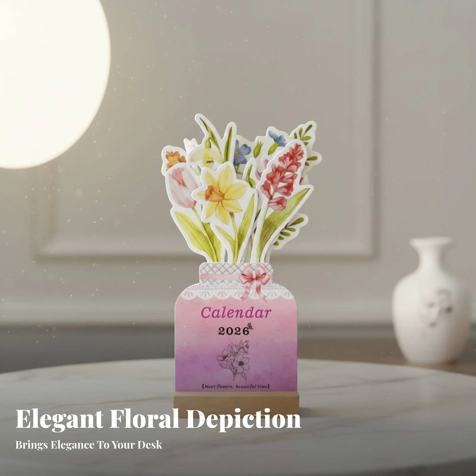 

Bloomy Flowers Table Calendar 2026, English Desk Calendar, Minimalist Floral Design, Motivational Sayings, Business Gift
