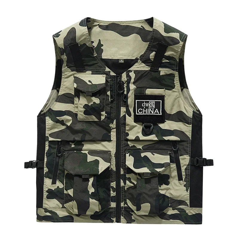 

Autumn Men's vest New Solid Color Multi Zipper Pocket Design Outdoor Leisure Sports Kam Shoulder Coat Men's Standing Neck Jacket