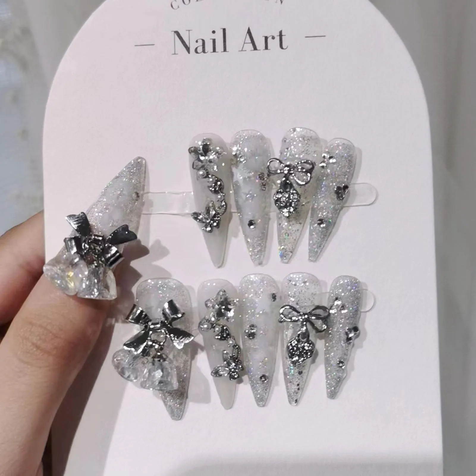 10pcs Elegant Stiletto Fake Nails Handmade Sparkling Reusable Artificial Nail for Hand Decoration Nail Art