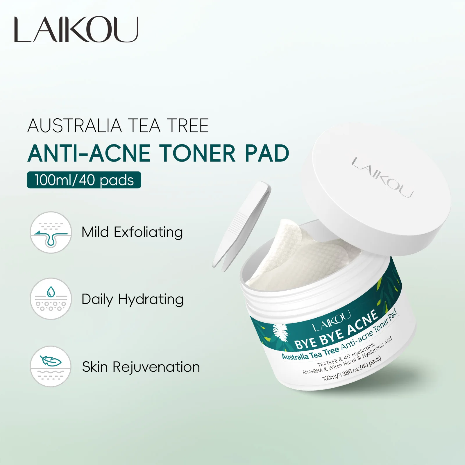 LAIKOU Australian Tea Tree Acne Pads 40pcs, Oil Control Pore Minimizing Blemish Pads, Exfoliating Blemish Treatment Cotton Pads