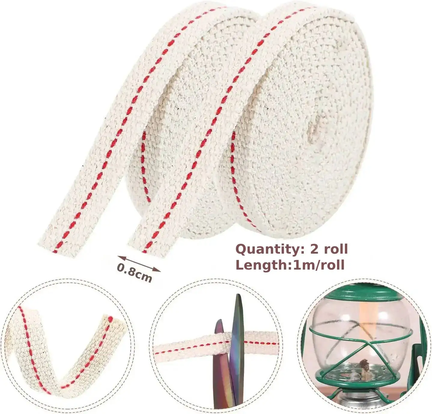 Mèche de lampe à huile en coton, 2 rouleaux de 0.8/1/1.2/2cm, mèche de remplacement pour lanterne à 