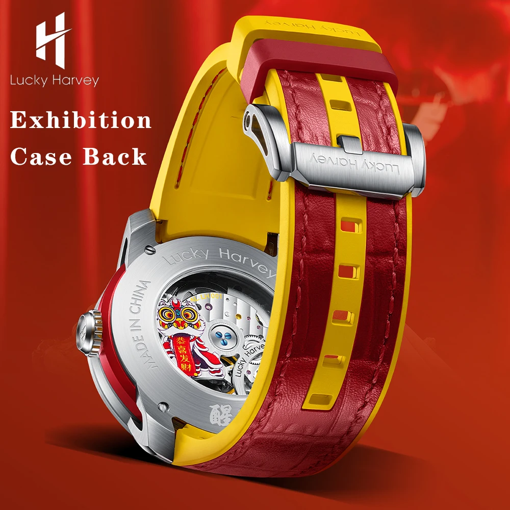 لاكي هارفي مضحك الأسد الهاتفي التلقائي ساعة يد ميكانيكية للرجال الياقوت مقاوم للماء مضيئة ساعة اليد اللسان المنقولة
