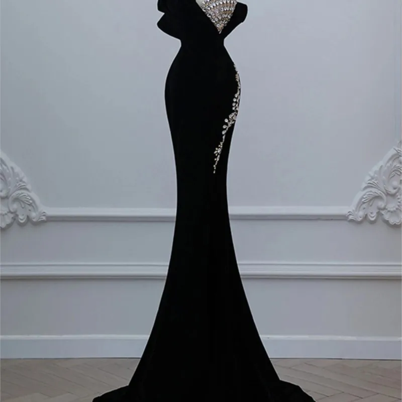 Black breast fish tail slit sequin mitzvah temperament banquet host catwalk dress