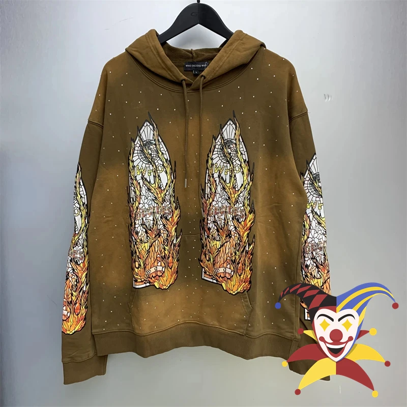 

Nice Washed WHO DECIDES WAR Flame Glass Hoodie Men Women Diamond Inlay Vintage Brown Gray Black Oversize Hooded