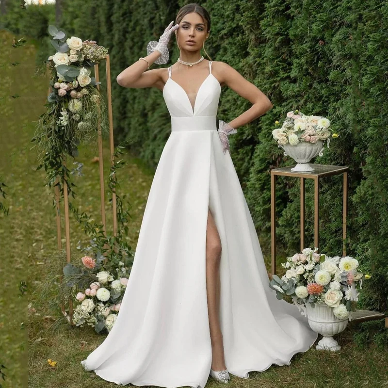 

Eightre 2022 Wedding Dresses V-Neck Sequines High Split Bride Dress White Bobo Beach A-Line Satin Wedding Evening Gown Plus Size